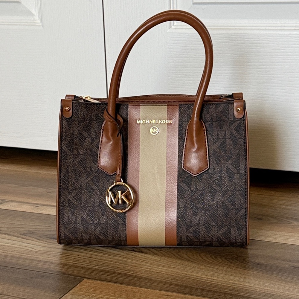 Michael Kors Brown Logo Satchel with Tan and Cream Center Stripes